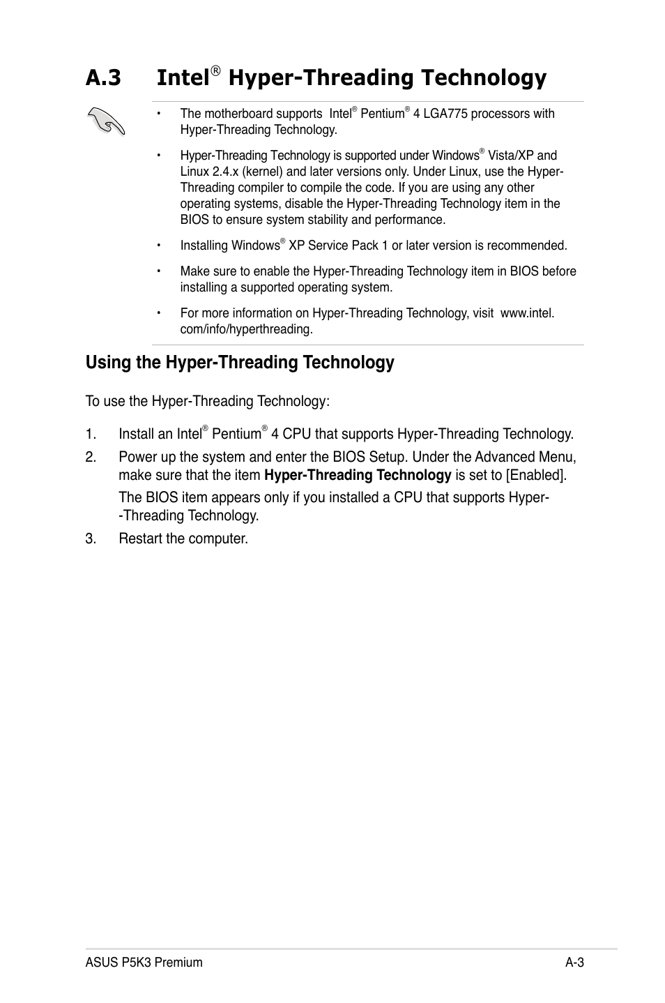 A.3 intel, Hyper-threading technology, Using the hyper-threading technology | Asus P5K3 Premium/WiFi-AP User Manual | Page 171 / 172