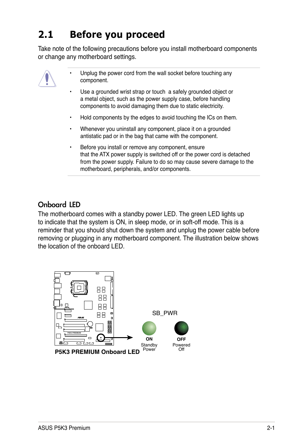 1 before you proceed, Onboard led | Asus P5K3 Premium/WiFi-AP User Manual | Page 27 / 172