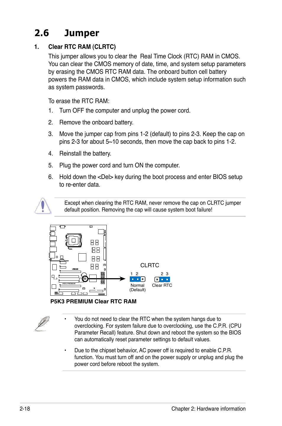 6 jumper | Asus P5K3 Premium/WiFi-AP User Manual | Page 44 / 172