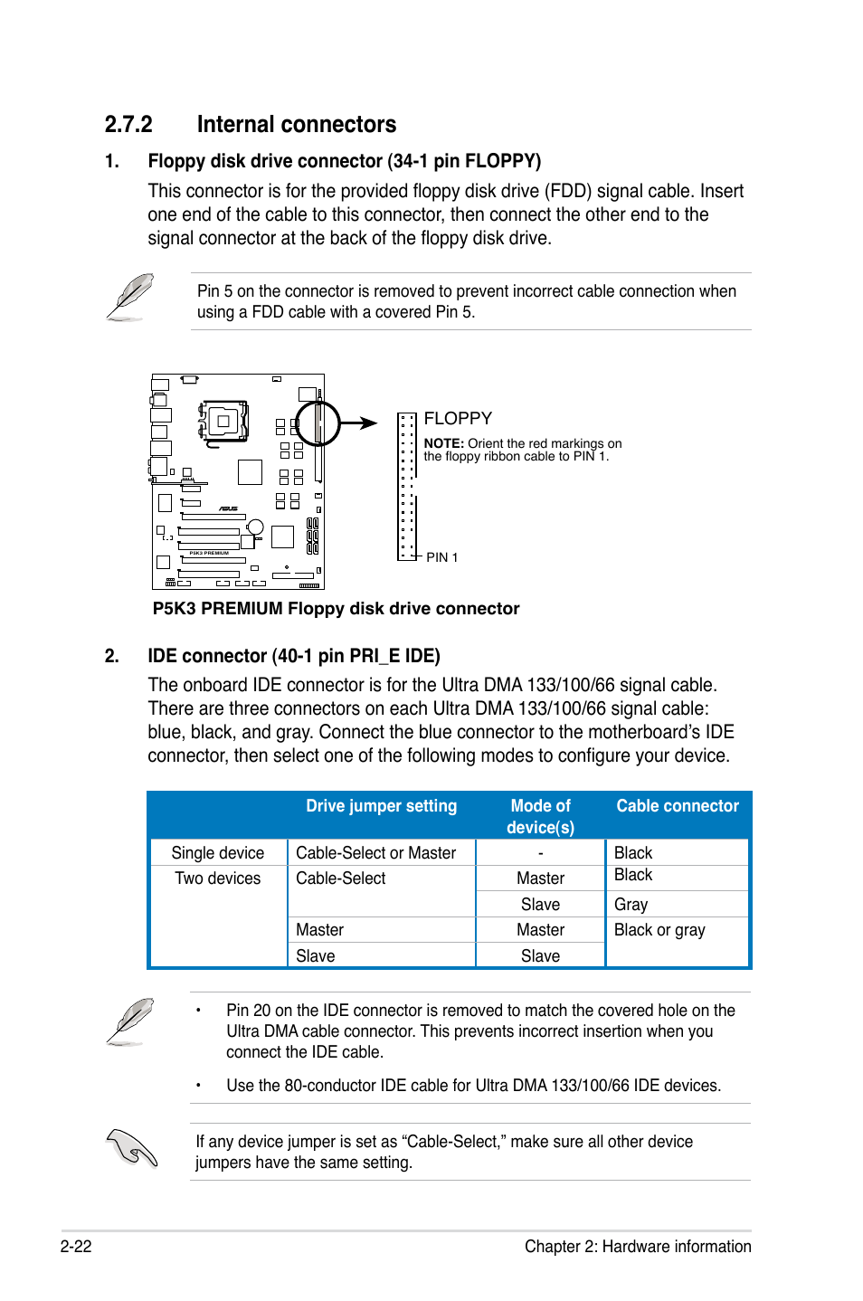 2 internal connectors | Asus P5K3 Premium/WiFi-AP User Manual | Page 48 / 172