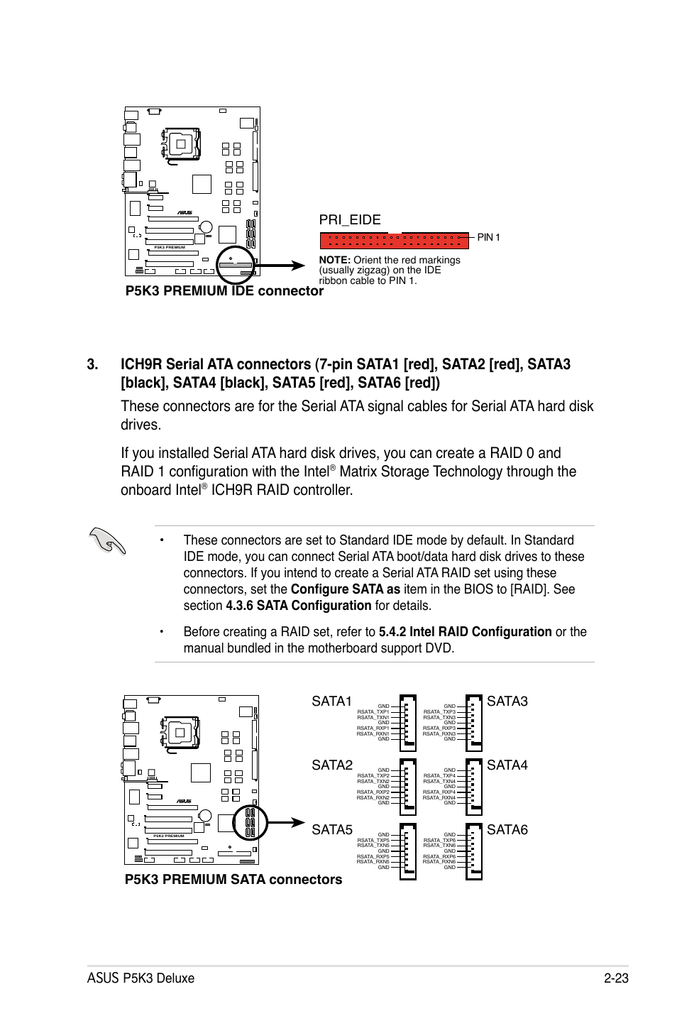 Ich9r raid controller, P5k3 premium ide connector, Pri_eide | P5k3 premium sata connectors, Sata1, Sata3, Sata2, Sata4, Sata5, Sata6 | Asus P5K3 Premium/WiFi-AP User Manual | Page 49 / 172