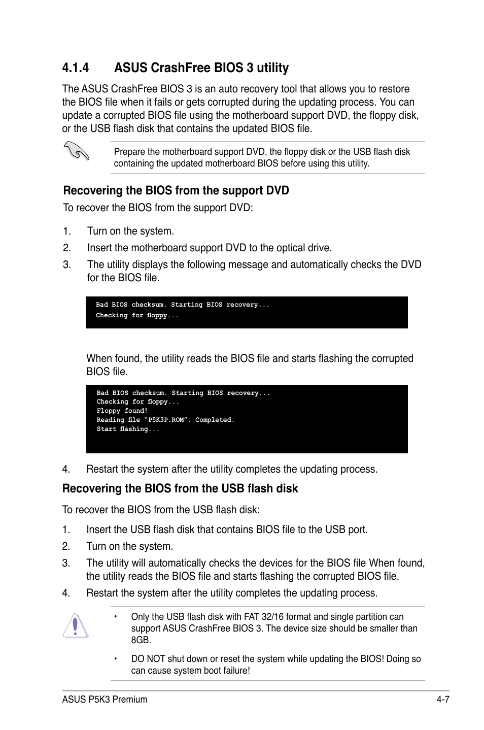 4 asus crashfree bios 3 utility, Recovering the bios from the support dvd, Recovering the bios from the usb flash disk | Asus P5K3 Premium/WiFi-AP User Manual | Page 71 / 172