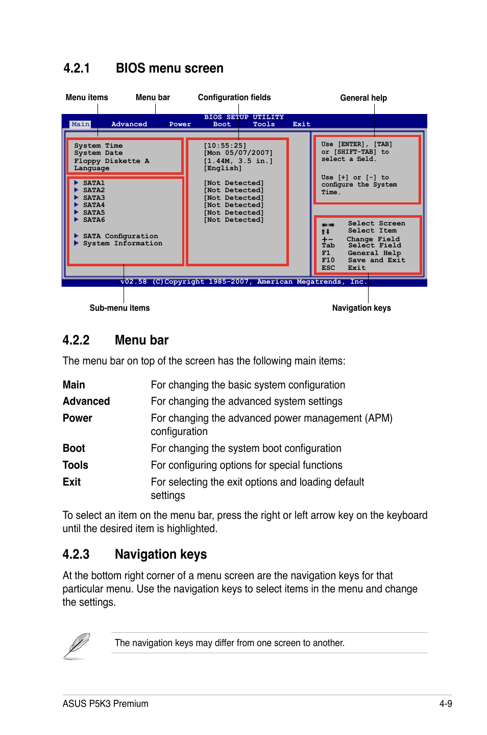 2 menu bar, 3 navigation keys, 1 bios menu screen | Asus P5K3 Premium/WiFi-AP User Manual | Page 73 / 172