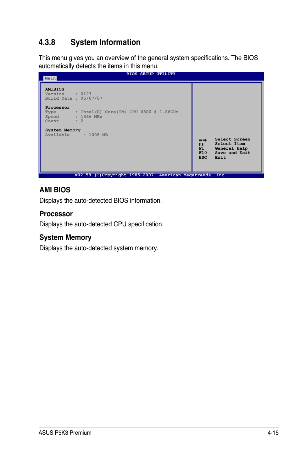 8 system information, Ami bios, Processor | Displays the auto-detected bios information, Displays the auto-detected cpu specification | Asus P5K3 Premium/WiFi-AP User Manual | Page 79 / 172