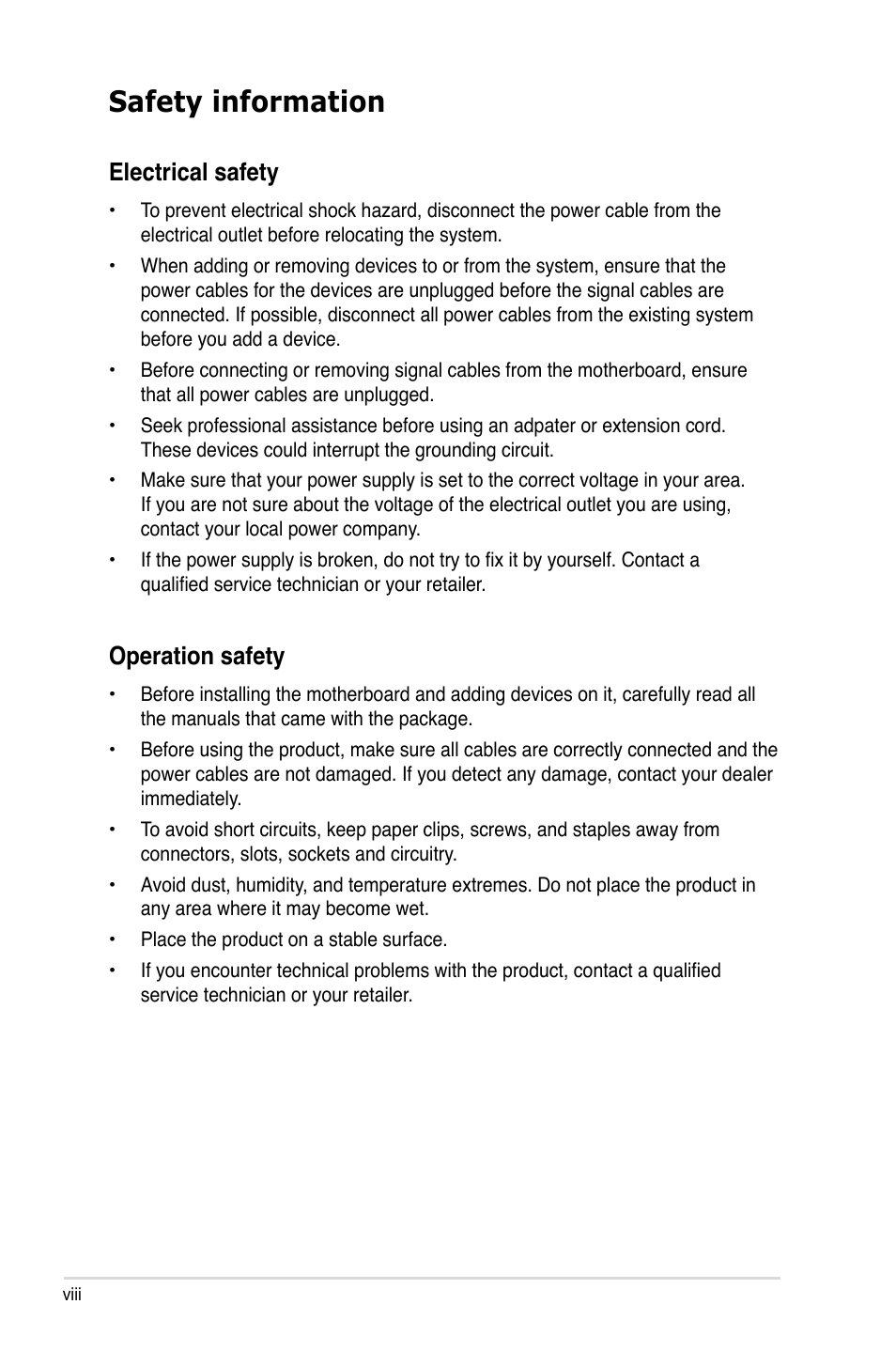 Safety information, Electrical safety, Operation safety | Asus P5K3 Premium/WiFi-AP User Manual | Page 8 / 172