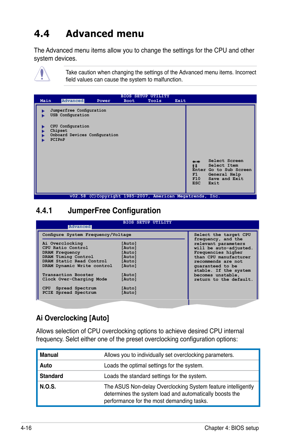 4 advanced menu, 1 jumperfree configuration, Ai overclocking [auto | Asus P5K3 Premium/WiFi-AP User Manual | Page 80 / 172