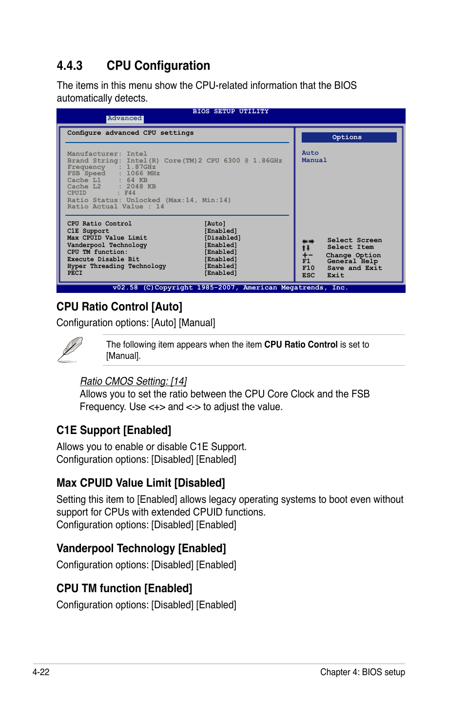 3 cpu configuration, Cpu ratio control [auto, C1e support [enabled | Max cpuid value limit [disabled, Vanderpool technology [enabled, Cpu tm function [enabled, Configuration options: [auto] [manual, Configuration options: [disabled] [enabled | Asus P5K3 Premium/WiFi-AP User Manual | Page 86 / 172