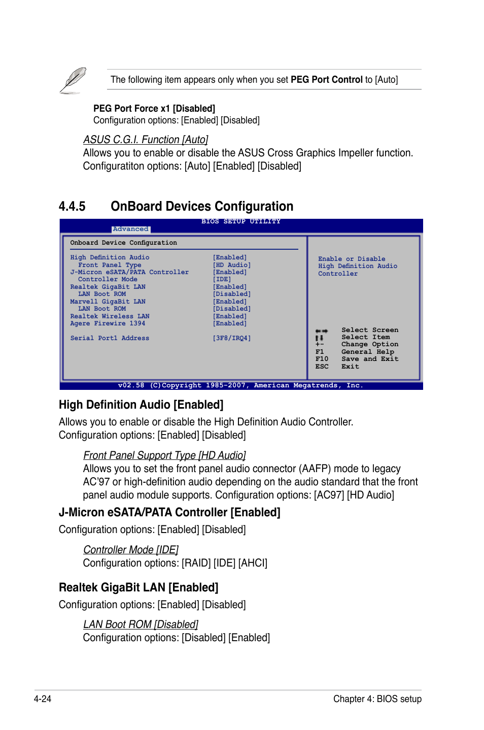 5 onboard devices configuration, High definition audio [enabled, J-micron esata/pata controller [enabled | Realtek gigabit lan [enabled | Asus P5K3 Premium/WiFi-AP User Manual | Page 88 / 172