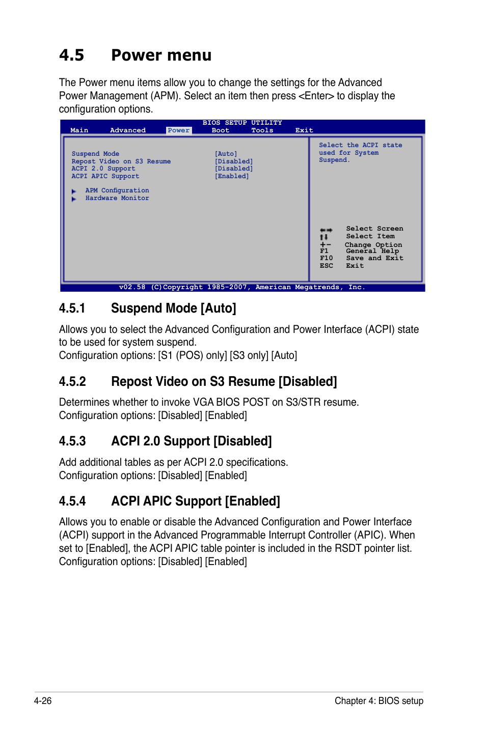 5 power menu, 1 suspend mode [auto, 2 repost video on s3 resume [disabled | 3 acpi 2.0 support [disabled, 4 acpi apic support [enabled | Asus P5K3 Premium/WiFi-AP User Manual | Page 90 / 172