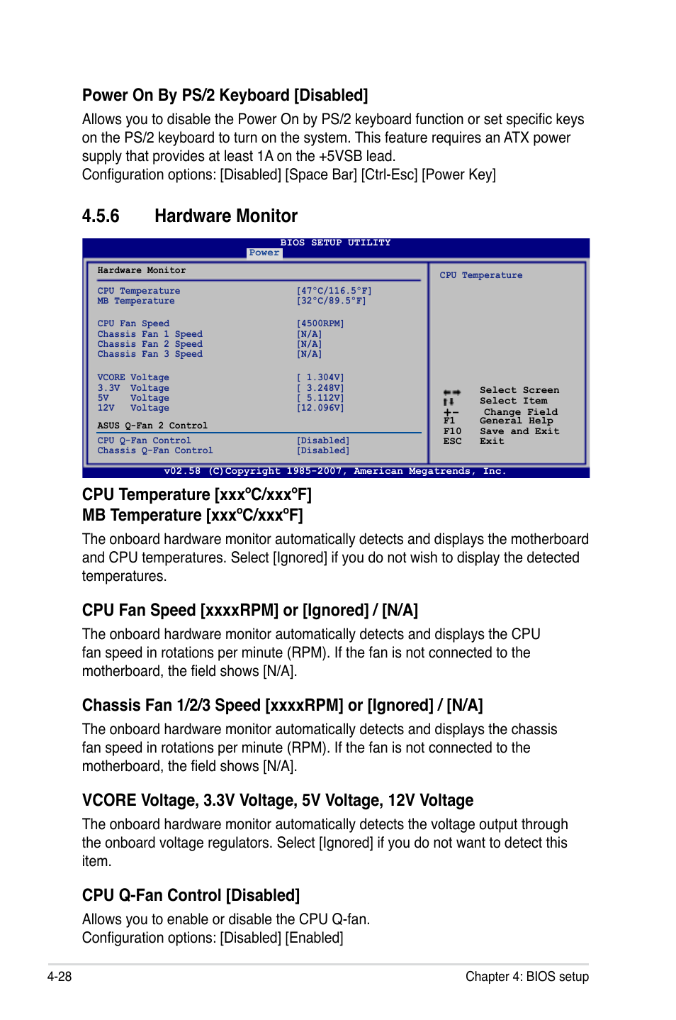 6 hardware monitor, Power on by ps/2 keyboard [disabled, Cpu q-fan control [disabled | Asus P5K3 Premium/WiFi-AP User Manual | Page 92 / 172