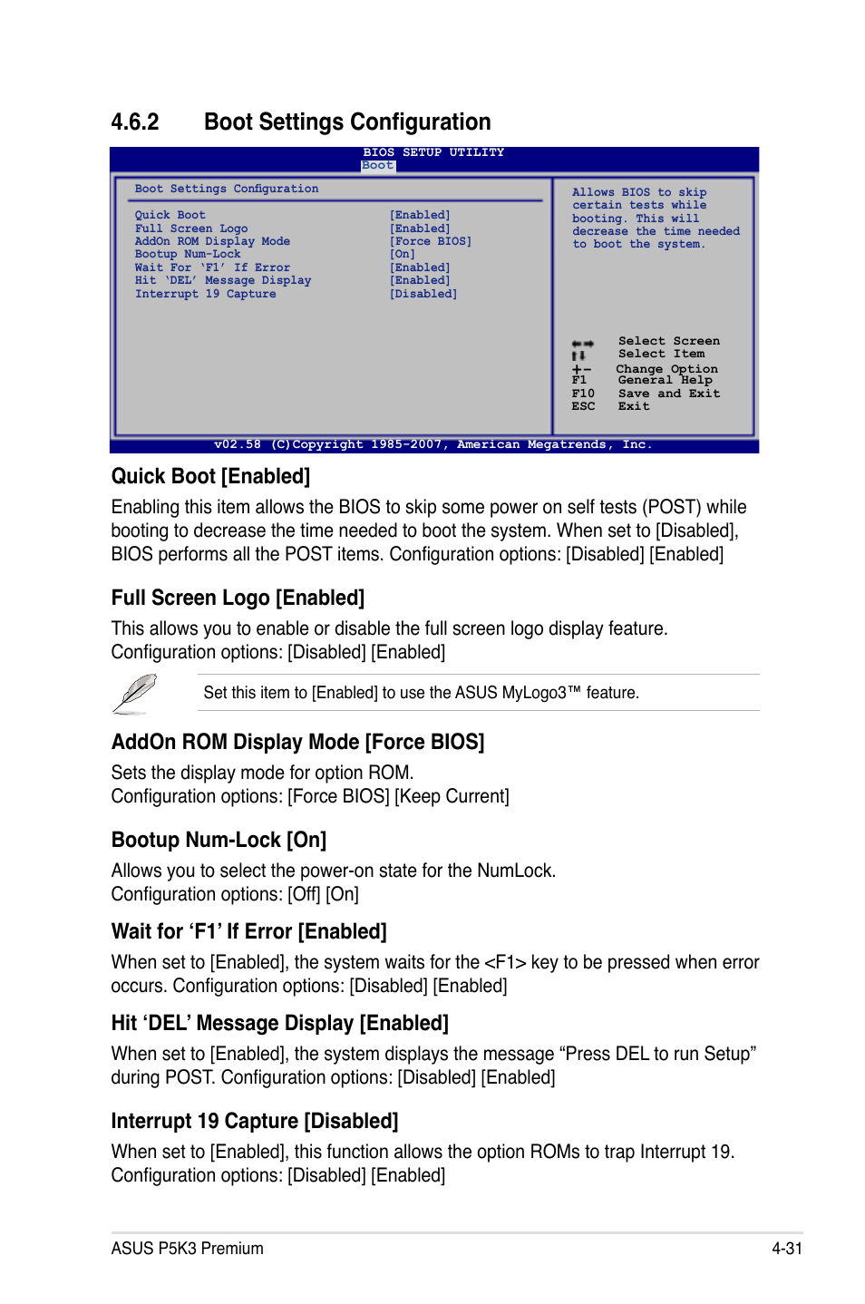 2 boot settings configuration, Quick boot [enabled, Full screen logo [enabled | Addon rom display mode [force bios, Bootup num-lock [on, Wait for ‘f1’ if error [enabled, Hit ‘del’ message display [enabled, Interrupt 19 capture [disabled | Asus P5K3 Premium/WiFi-AP User Manual | Page 95 / 172