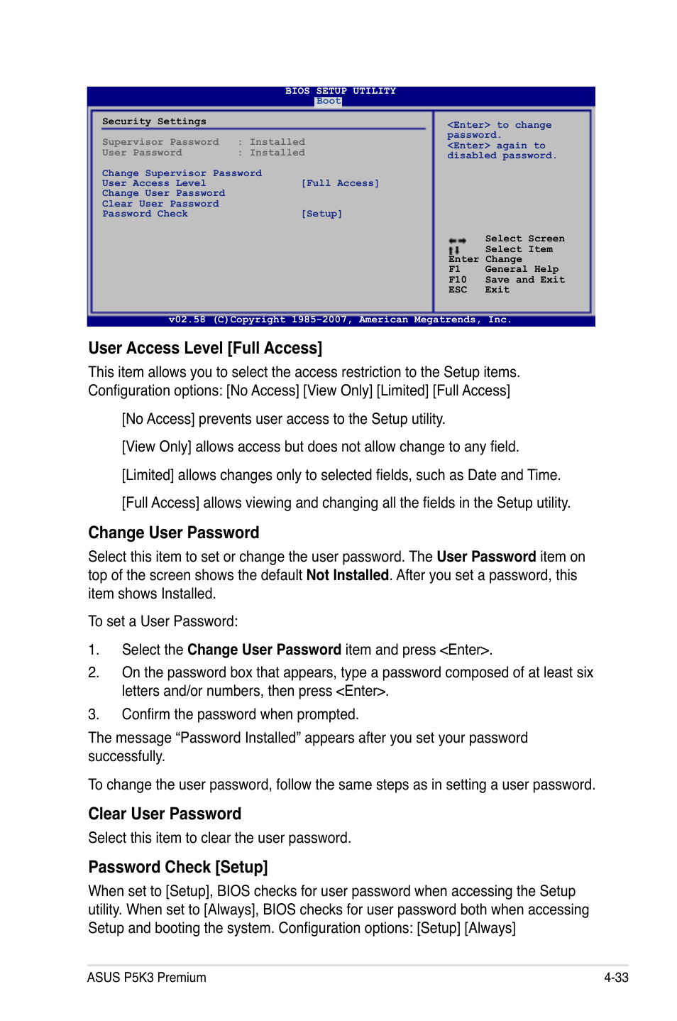 User access level [full access, Change user password, Clear user password | Password check [setup, Select this item to clear the user password | Asus P5K3 Premium/WiFi-AP User Manual | Page 97 / 172