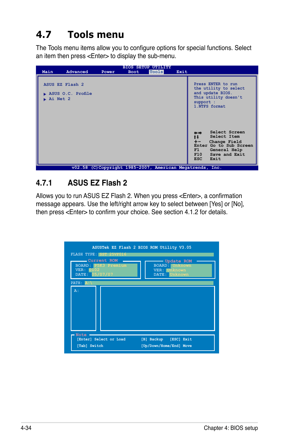 7 tools menu, 1 asus ez flash 2 | Asus P5K3 Premium/WiFi-AP User Manual | Page 98 / 172