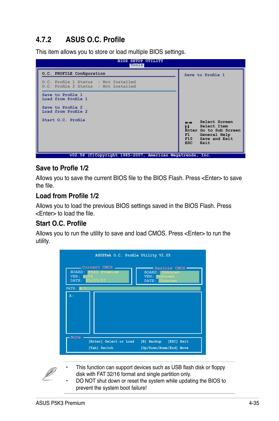 2 asus o.c. profile, Save to profle 1/2, Load from profile 1/2 | Start o.c. profile | Asus P5K3 Premium/WiFi-AP User Manual | Page 99 / 172