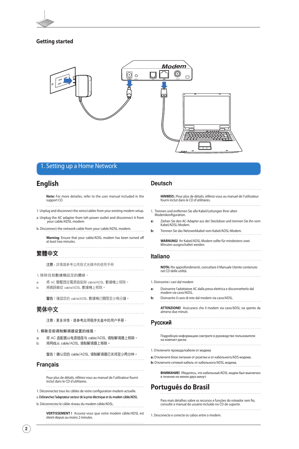 English, Português do brasil, Setting up a home network | Getting started, 繁體中文, 簡体中文, Français, Deutsch, Italiano, Русский | Asus RT-N10LX User Manual | Page 2 / 22