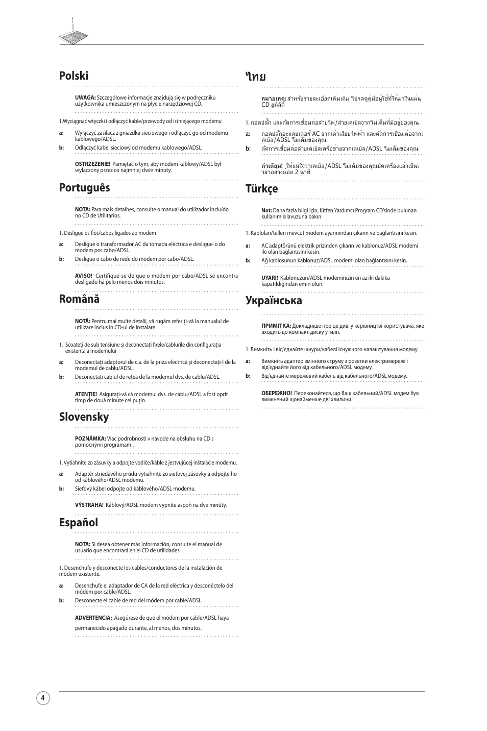 Polski, Português, Română | Slovensky, Español, Türkçe, Українська | Asus RT-N10LX User Manual | Page 4 / 22