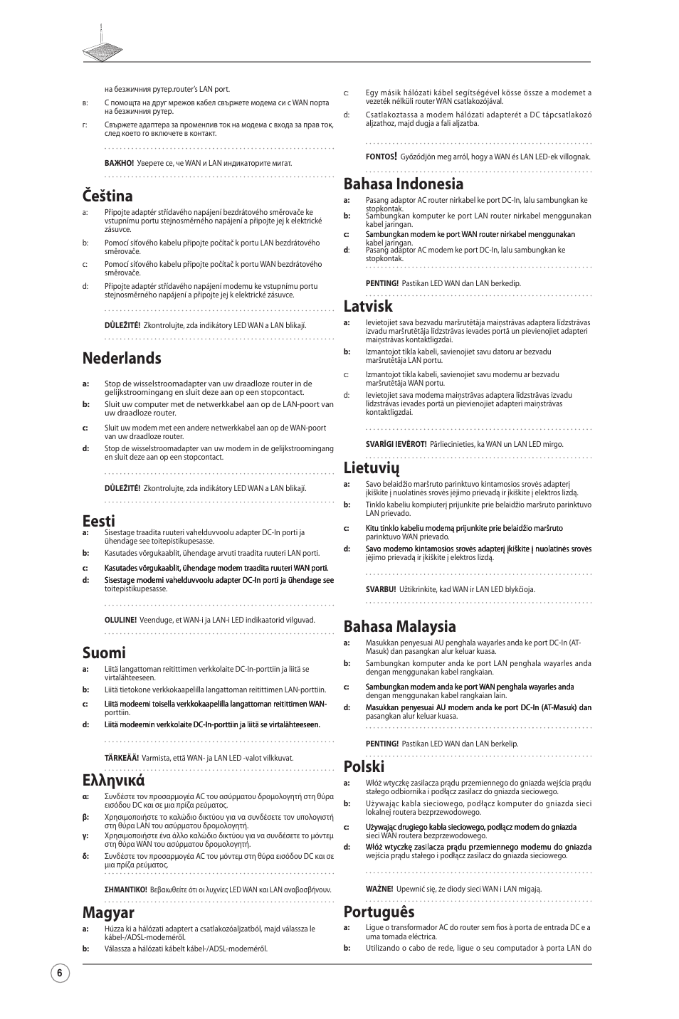 Čeština, Nederlands, Eesti | Suomi, Ελληνικά, Magyar, Bahasa indonesia, Latvisk, Lietuvių, Bahasa malaysia | Asus RT-N10LX User Manual | Page 6 / 22