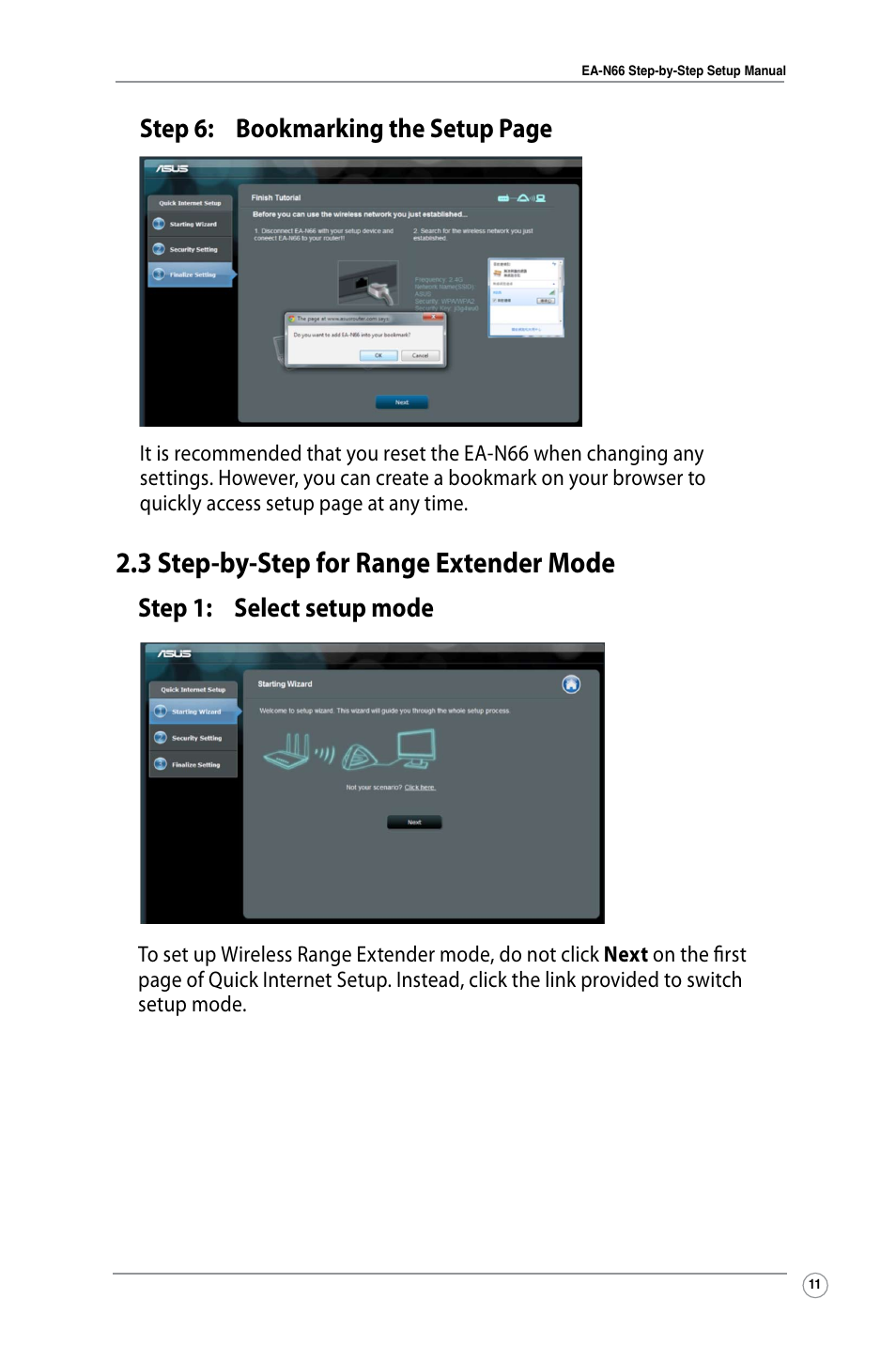 3 step-by-step for range extender mode, Step 6: bookmarking the setup page, Step 1: select setup mode | Asus EA-N66 User Manual | Page 11 / 26