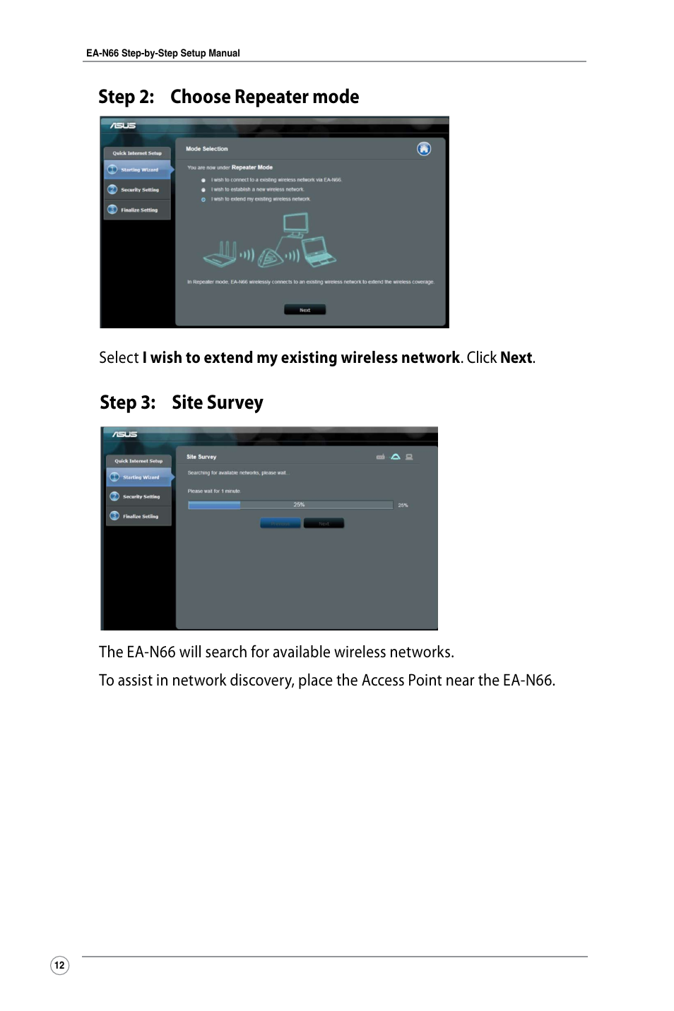 Step 2: choose repeater mode, Step 3: site survey | Asus EA-N66 User Manual | Page 12 / 26