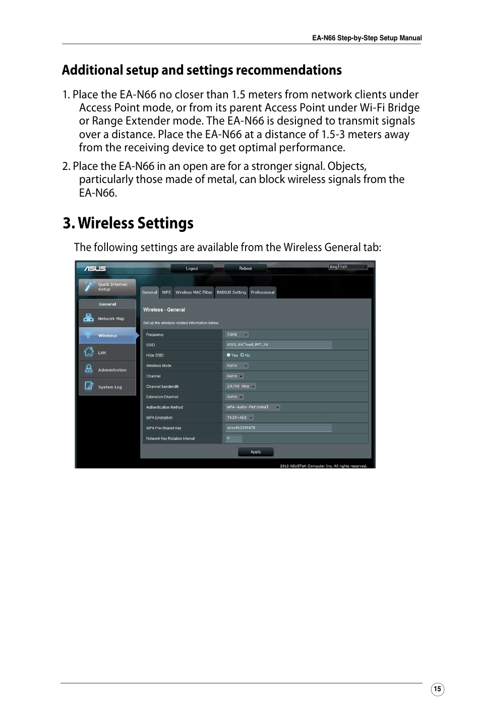 Wireless settings, Additional setup and settings recommendations | Asus EA-N66 User Manual | Page 15 / 26