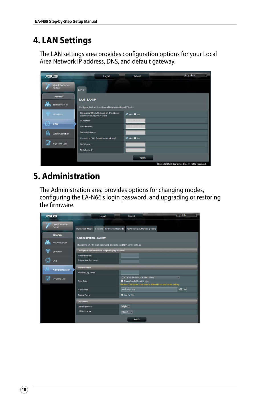 Lan settings, Administration, Lan settings 5. administration | Asus EA-N66 User Manual | Page 18 / 26
