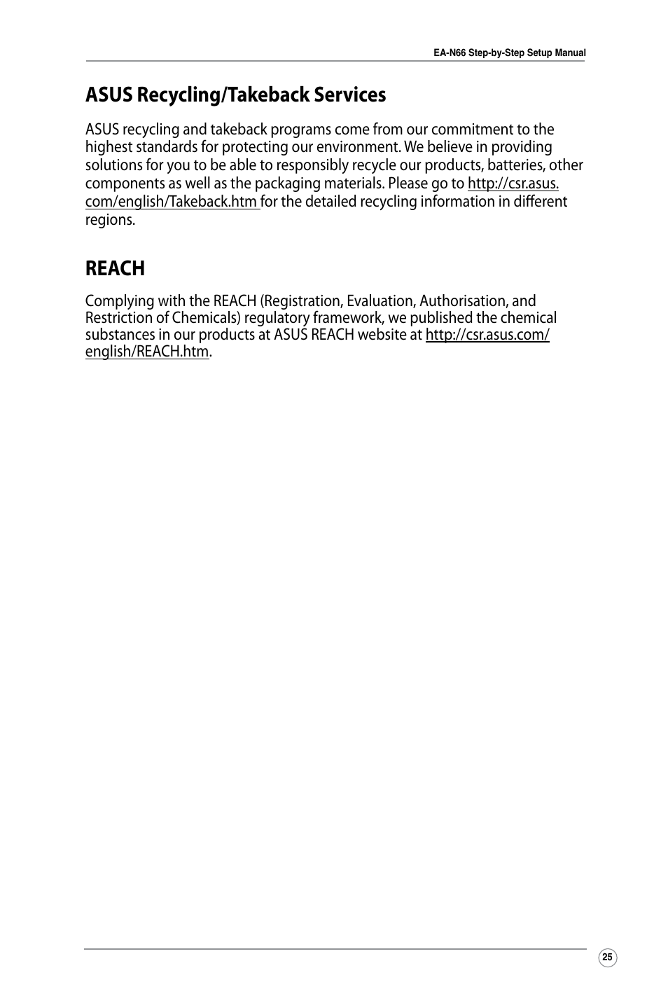 Asus recycling/takeback services, Reach | Asus EA-N66 User Manual | Page 25 / 26