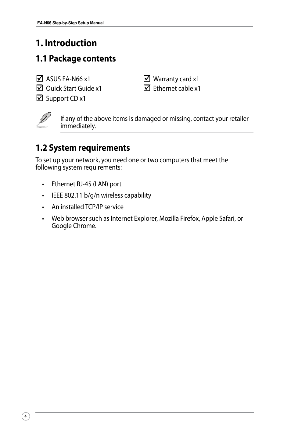 Introduction, 1 package contents, 2 system requirements | 1 package contents 1.2 system requirements | Asus EA-N66 User Manual | Page 4 / 26