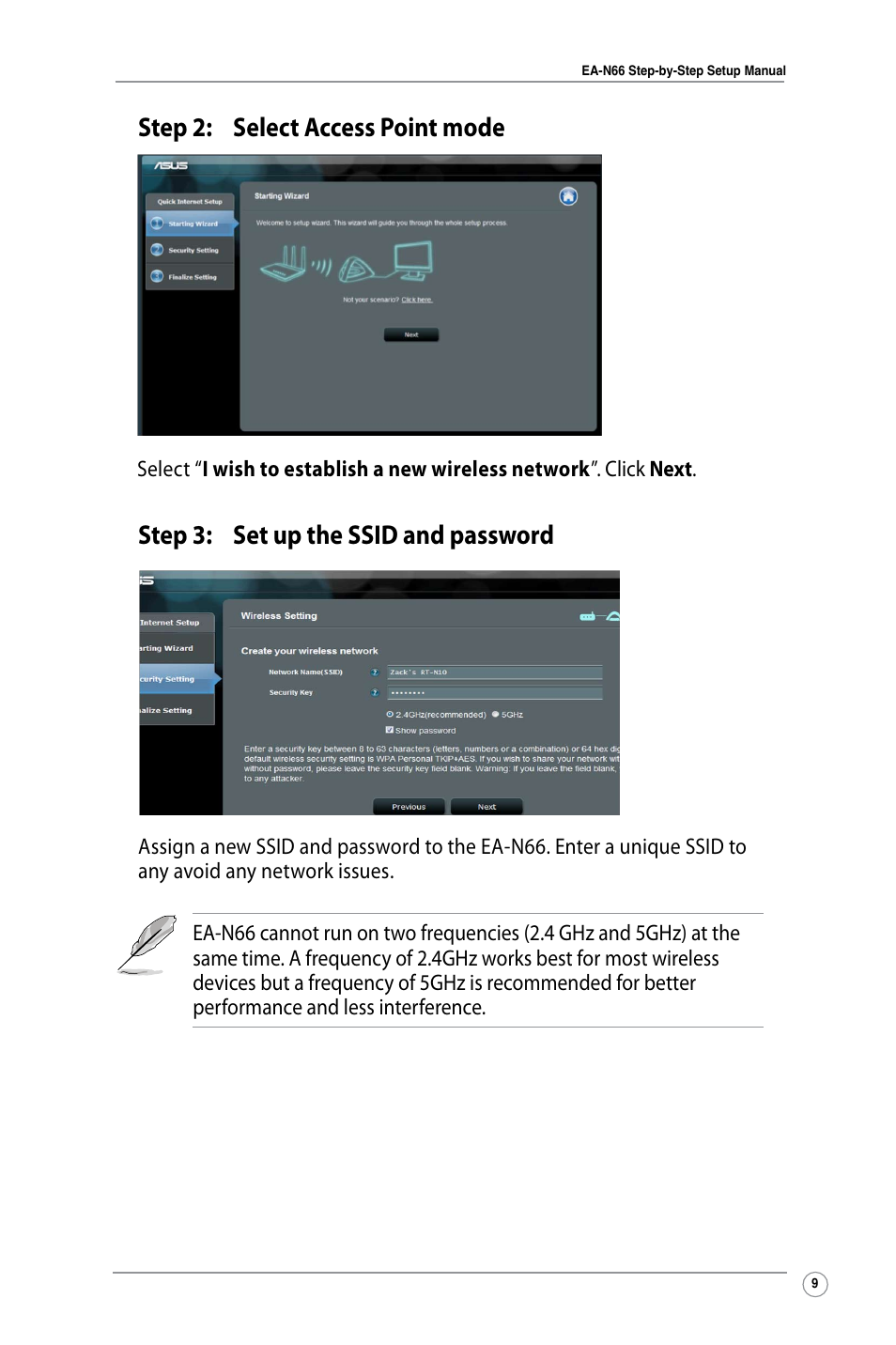 Step 2: select access point mode, Step 3: set up the ssid and password | Asus EA-N66 User Manual | Page 9 / 26