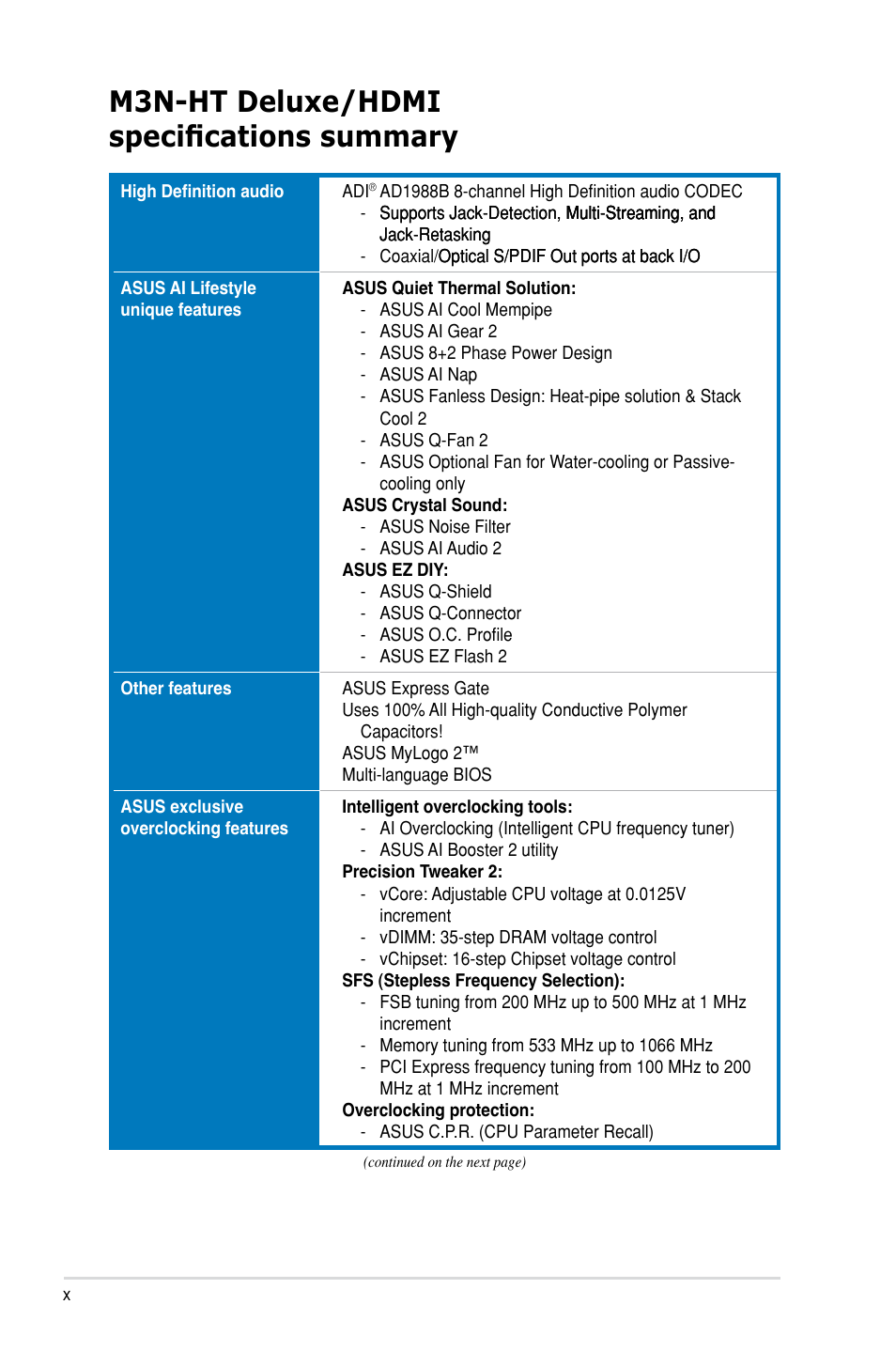 M3n-ht deluxe/hdmi specifications summary | Asus M3N-HT Deluxe/Mempipe User Manual | Page 10 / 64