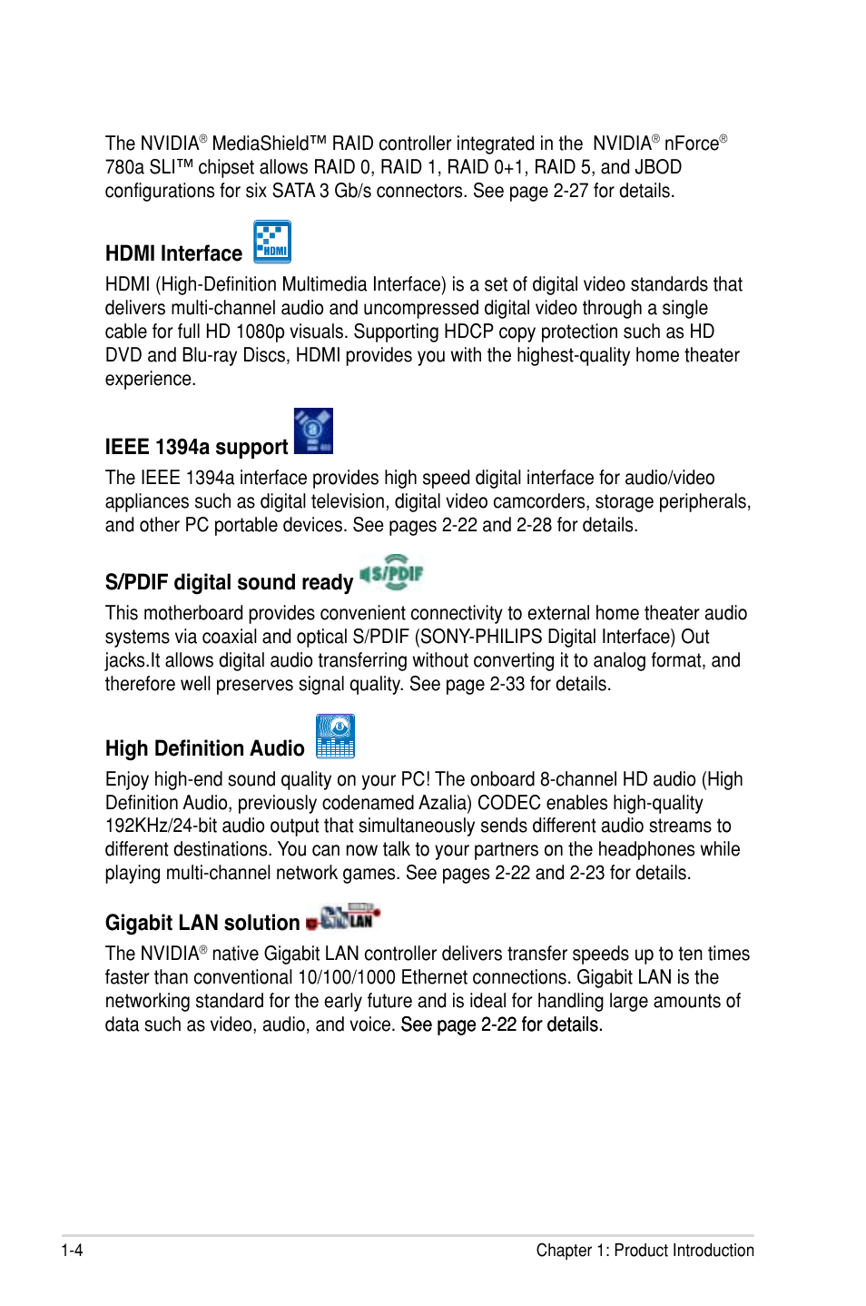 Hdmi interface, Ieee 1394a support, S/pdif digital sound ready | High definition audio, Gigabit lan solution | Asus M3N-HT Deluxe/Mempipe User Manual | Page 18 / 64