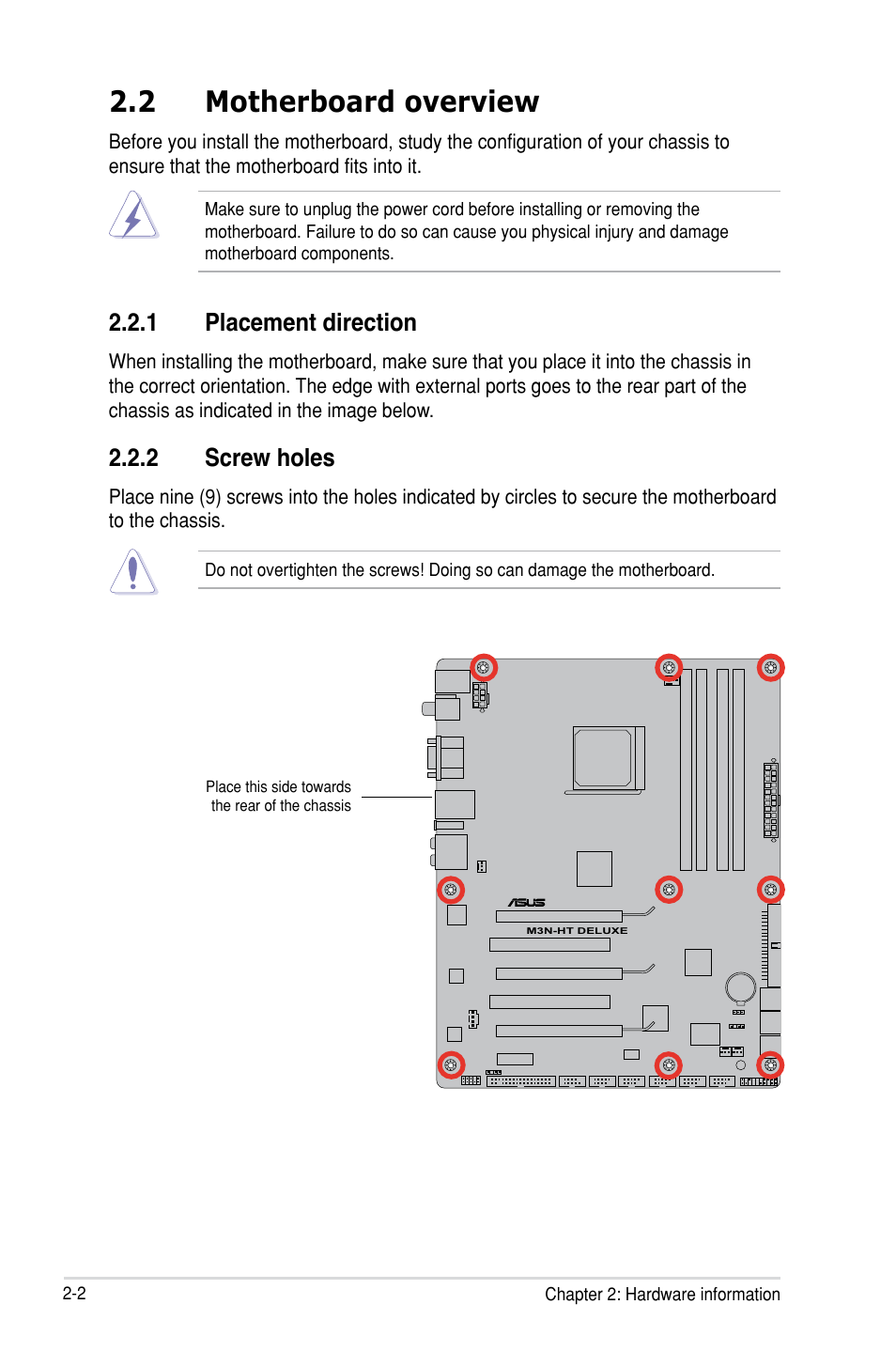 2 motherboard overview, 1 placement direction, 2 screw holes | Asus M3N-HT Deluxe/Mempipe User Manual | Page 26 / 64