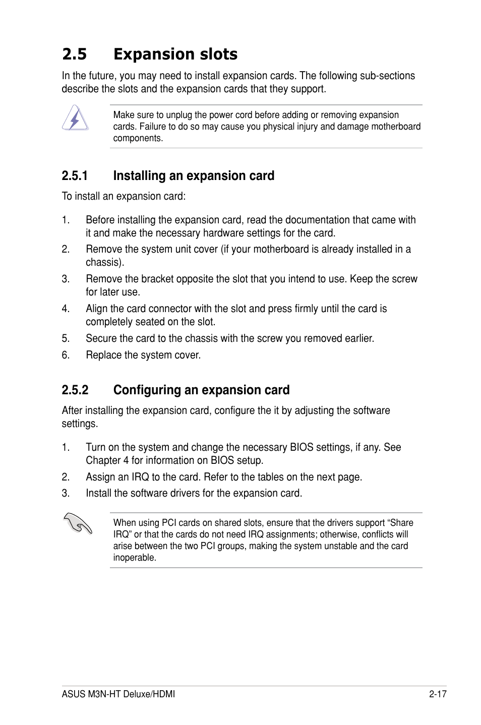 5 expansion slots, 1 installing an expansion card, 2 configuring an expansion card | Asus M3N-HT Deluxe/Mempipe User Manual | Page 41 / 64