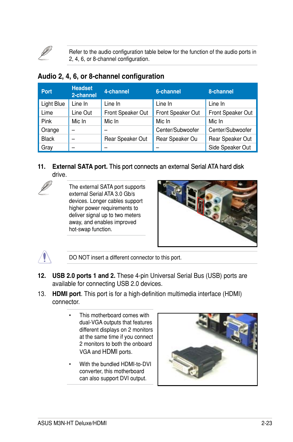 Audio 2, 4, 6, or 8-channel configuration | Asus M3N-HT Deluxe/Mempipe User Manual | Page 47 / 64