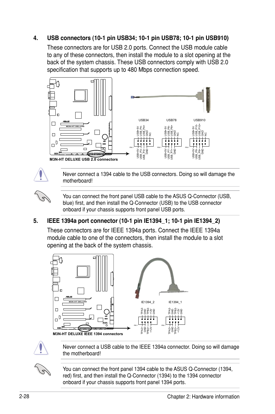 28 chapter 2: hardware information, M3n-ht deluxe usb 2.0 connectors | Asus M3N-HT Deluxe/Mempipe User Manual | Page 52 / 64