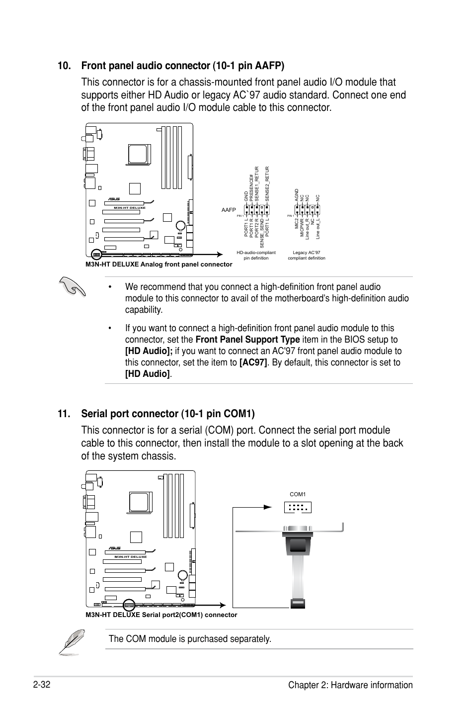 32 chapter 2: hardware information, The com module is purchased separately | Asus M3N-HT Deluxe/Mempipe User Manual | Page 56 / 64