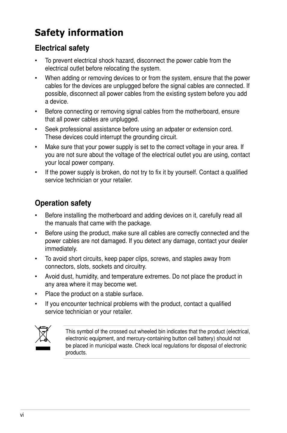 Safety information, Electrical safety, Operation safety | Asus M3N-HT Deluxe/Mempipe User Manual | Page 6 / 64