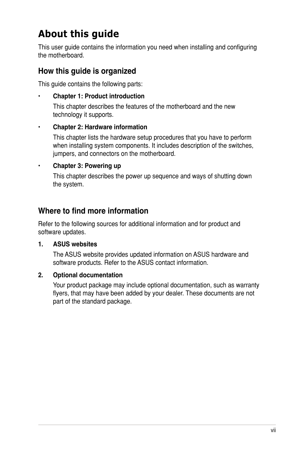 About this guide, How this guide is organized, Where to find more information | Asus M3N-HT Deluxe/Mempipe User Manual | Page 7 / 64