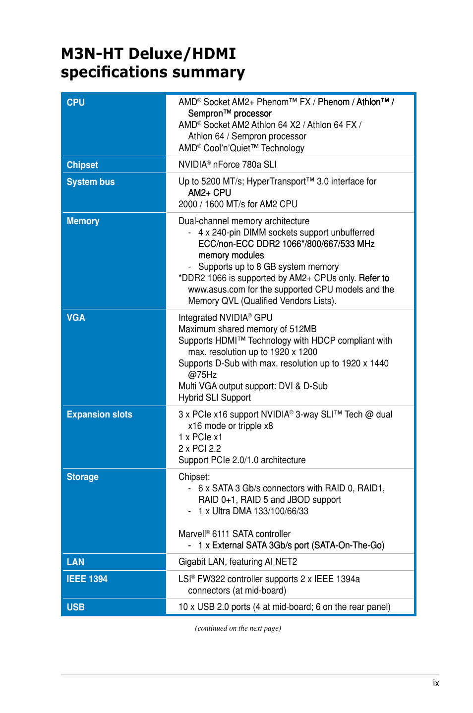 M3n-ht deluxe/hdmi specifications summary | Asus M3N-HT Deluxe/Mempipe User Manual | Page 9 / 64