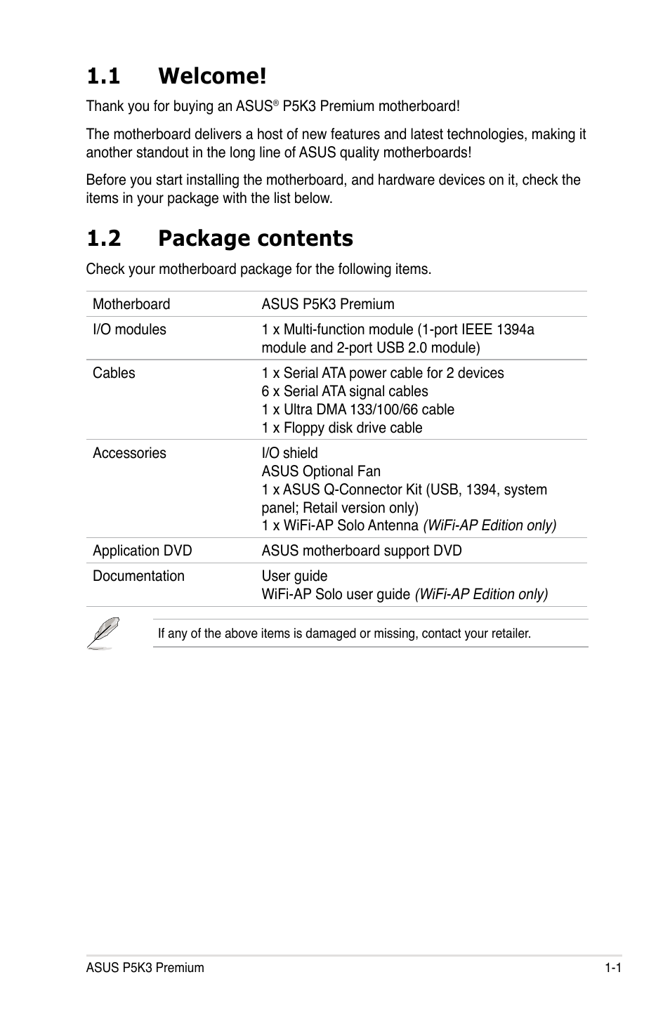 1 welcome, 2 package contents | Asus P5K3 Premium/WiFi-AP User Manual | Page 17 / 176