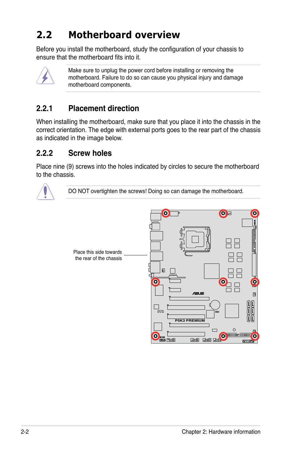 2 motherboard overview, 1 placement direction, 2 screw holes | Asus P5K3 Premium/WiFi-AP User Manual | Page 28 / 176