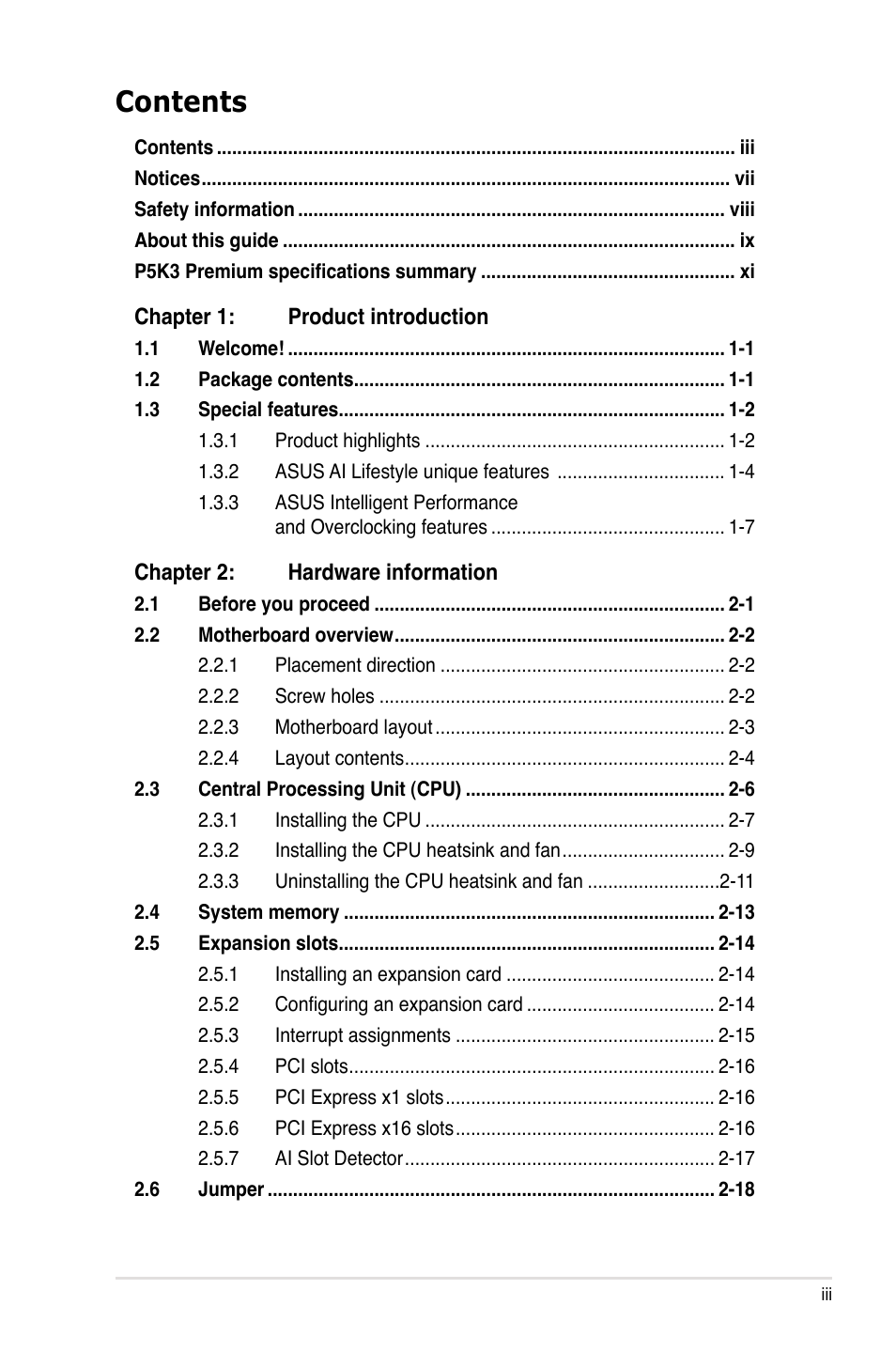 Asus P5K3 Premium/WiFi-AP User Manual | Page 3 / 176