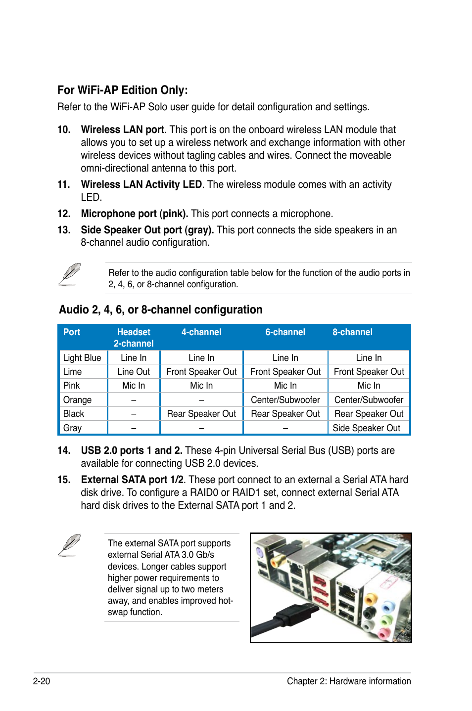 For wifi-ap edition only, Audio 2, 4, 6, or 8-channel configuration | Asus P5K3 Premium/WiFi-AP User Manual | Page 46 / 176