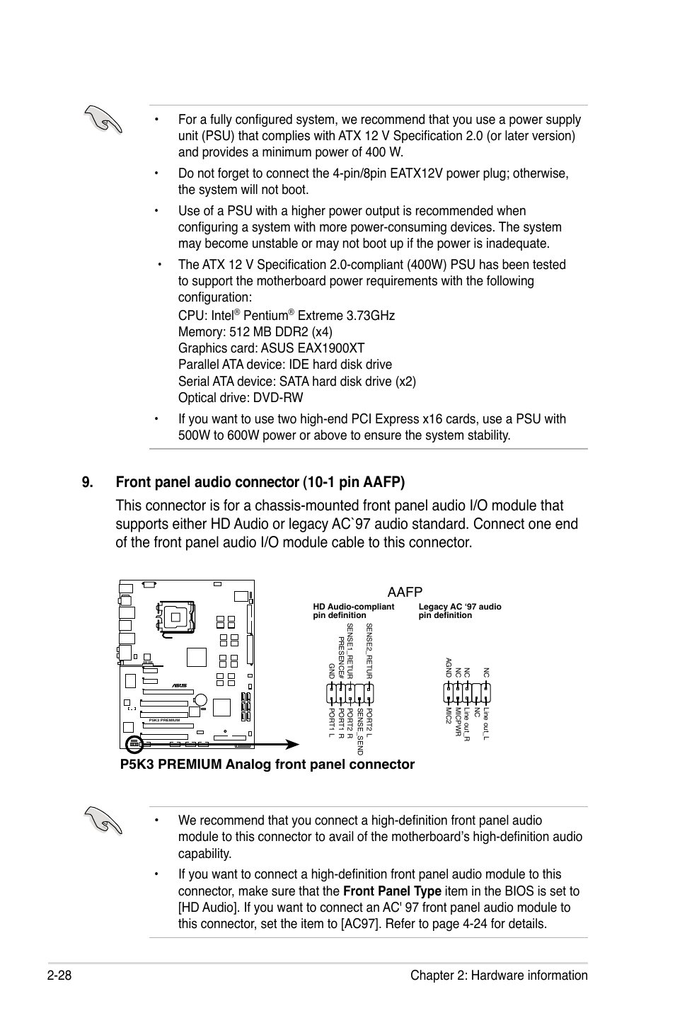 Pentium, P5k3 premium analog front panel connector aafp | Asus P5K3 Premium/WiFi-AP User Manual | Page 54 / 176