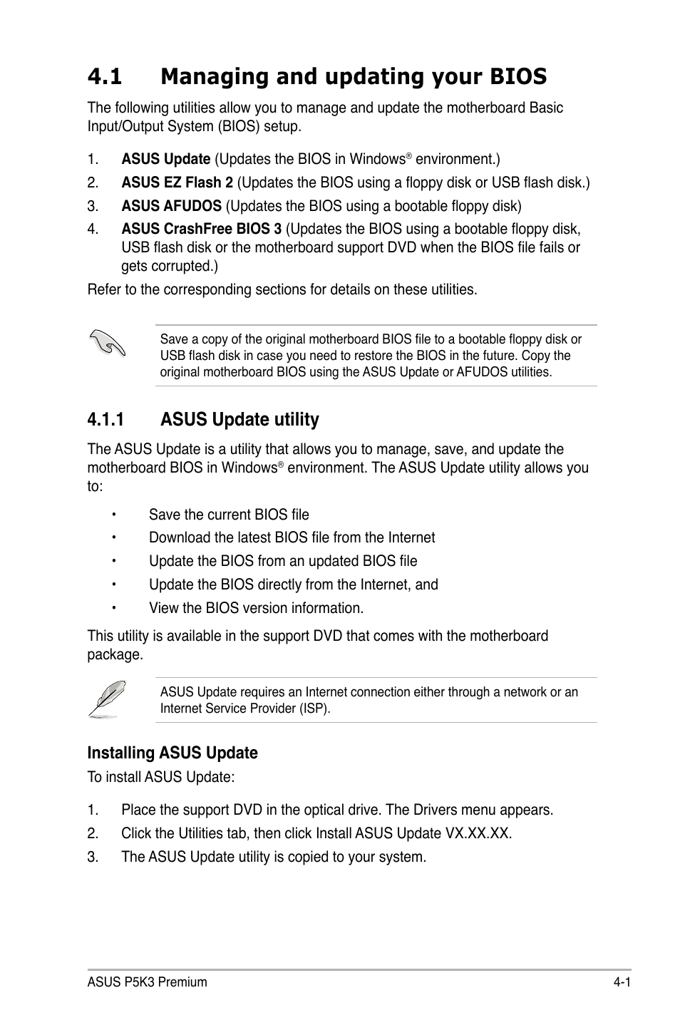 1 managing and updating your bios, 1 asus update utility | Asus P5K3 Premium/WiFi-AP User Manual | Page 65 / 176