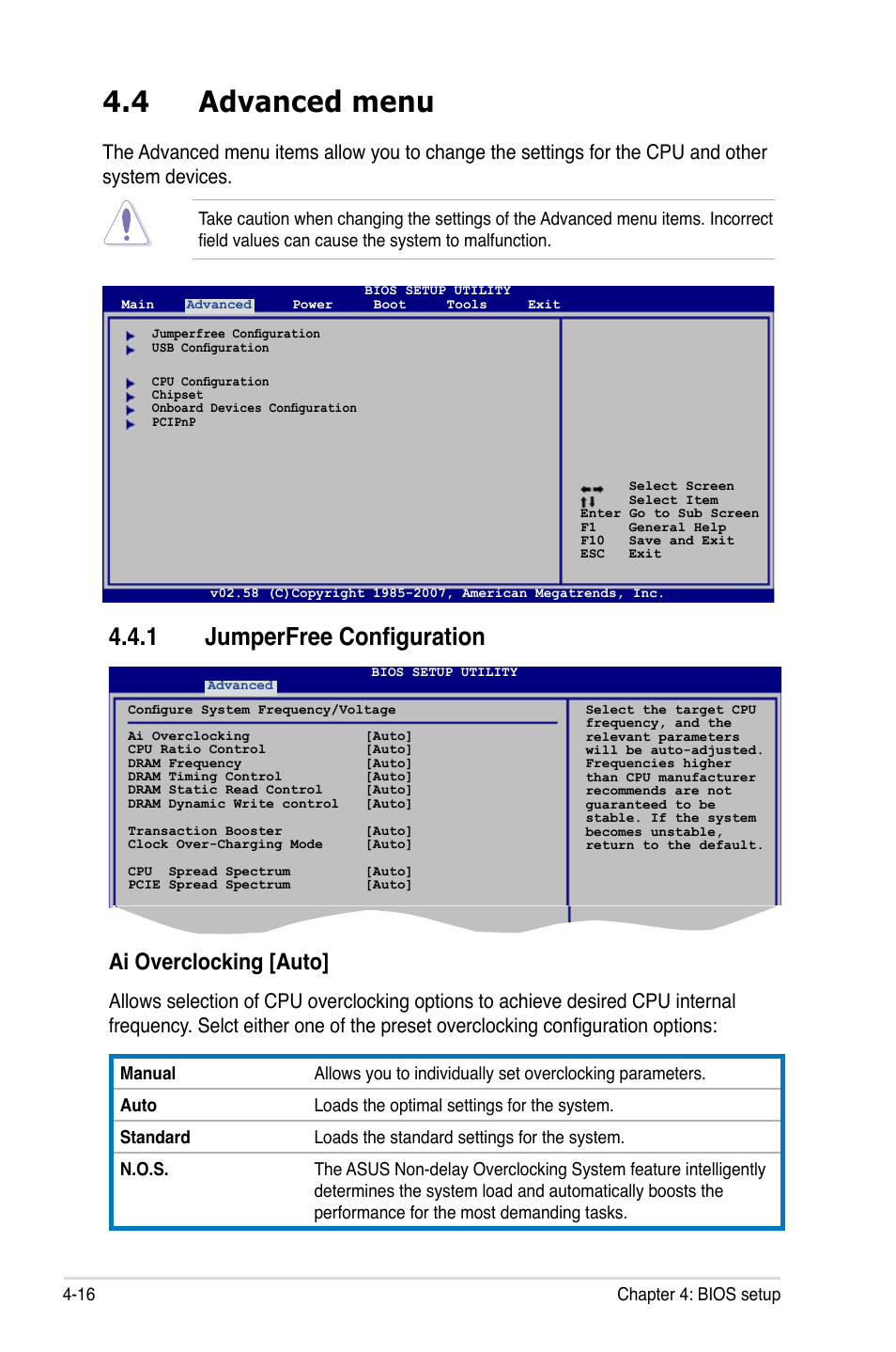 4 advanced menu, 1 jumperfree configuration, Ai overclocking [auto | Asus P5K3 Premium/WiFi-AP User Manual | Page 80 / 176