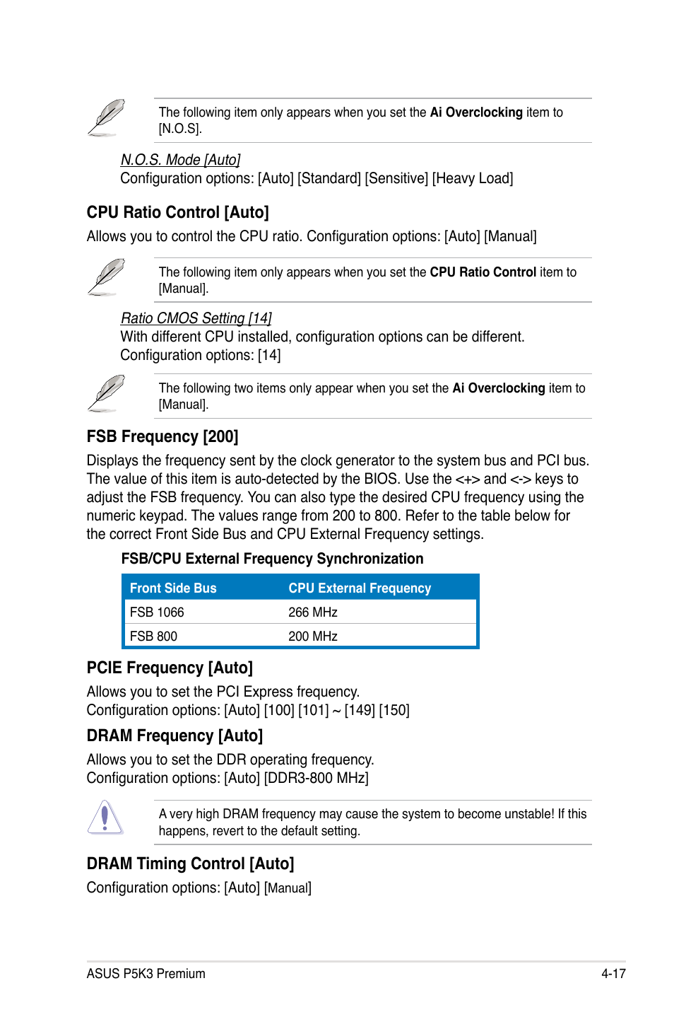 Fsb frequency [200, Dram frequency [auto, Cpu ratio control [auto | Pcie frequency [auto, Dram timing control [auto | Asus P5K3 Premium/WiFi-AP User Manual | Page 81 / 176