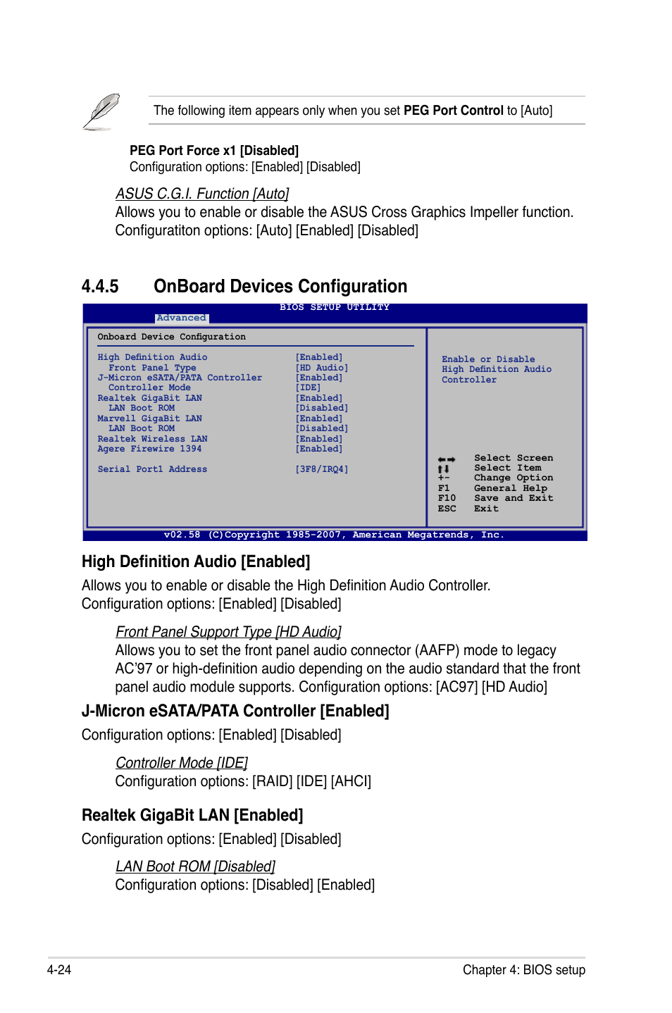 5 onboard devices configuration, High definition audio [enabled, J-micron esata/pata controller [enabled | Realtek gigabit lan [enabled | Asus P5K3 Premium/WiFi-AP User Manual | Page 88 / 176