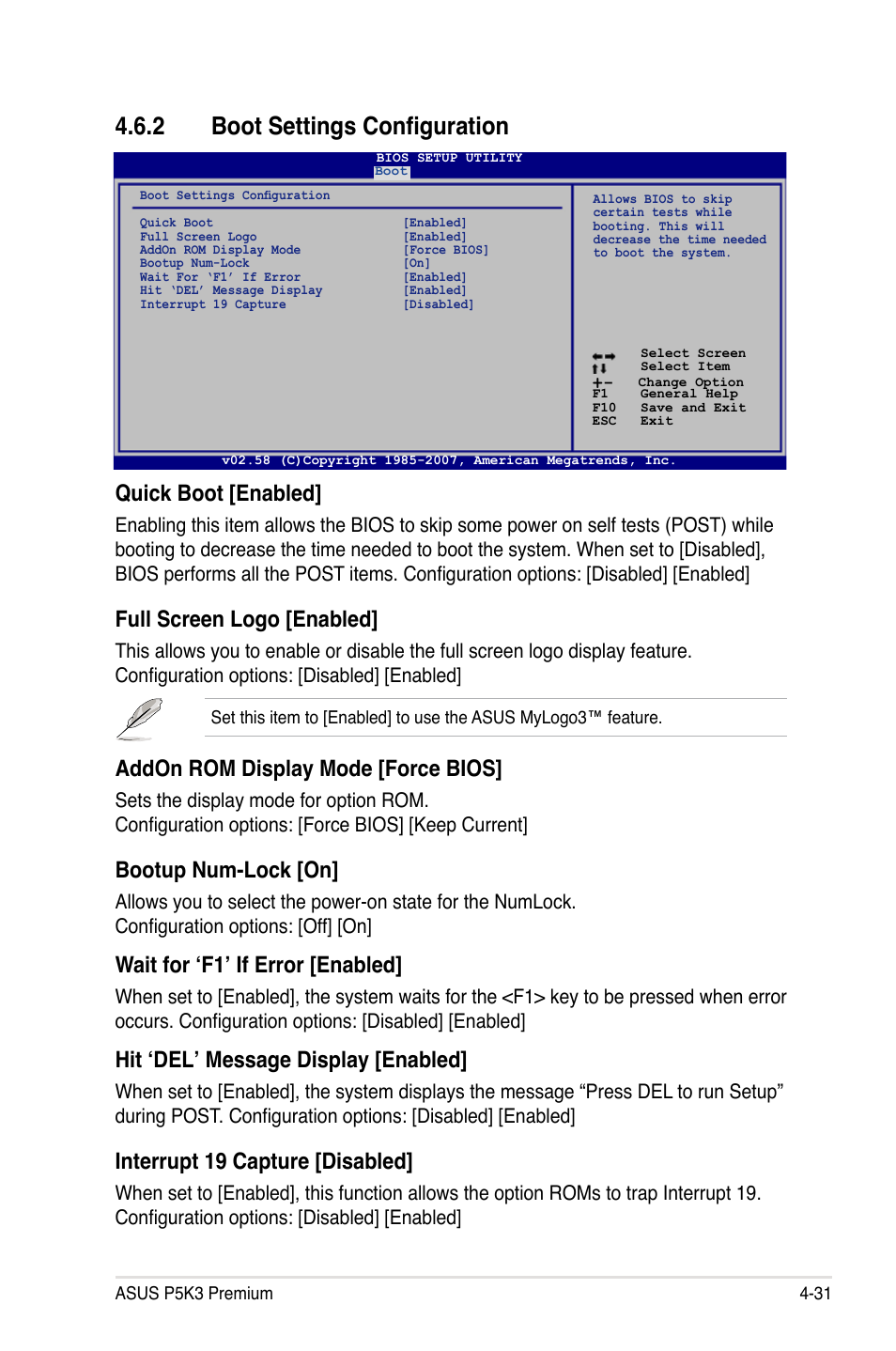 2 boot settings configuration, Quick boot [enabled, Full screen logo [enabled | Addon rom display mode [force bios, Bootup num-lock [on, Wait for ‘f1’ if error [enabled, Hit ‘del’ message display [enabled, Interrupt 19 capture [disabled | Asus P5K3 Premium/WiFi-AP User Manual | Page 95 / 176