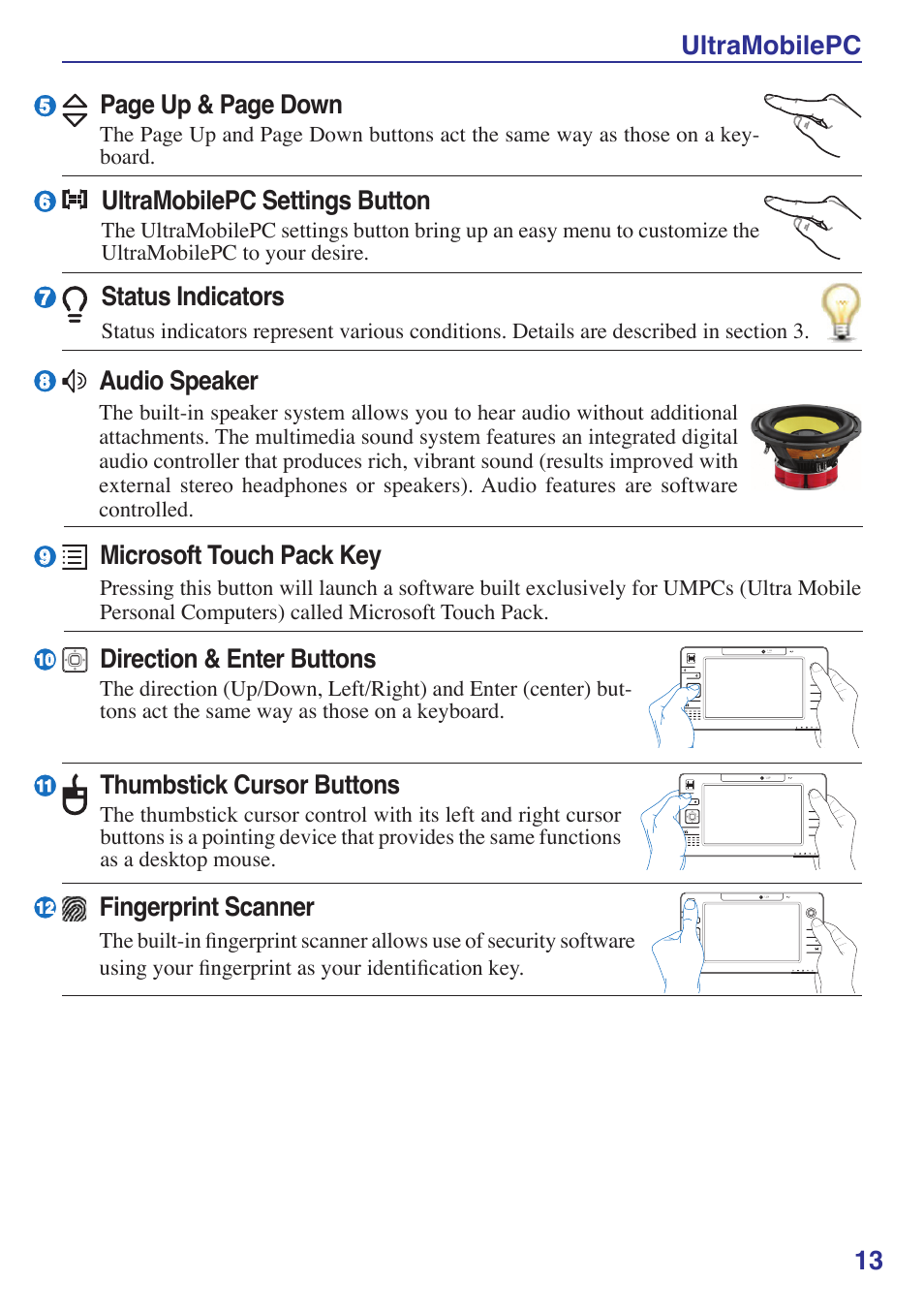 Ultramobilepc 13 audio speaker, Microsoft touch pack key, Direction & enter buttons | Thumbstick cursor buttons, Ultramobilepc settings button, Page up & page down, Fingerprint scanner, Status indicators | Asus R2E User Manual | Page 13 / 66