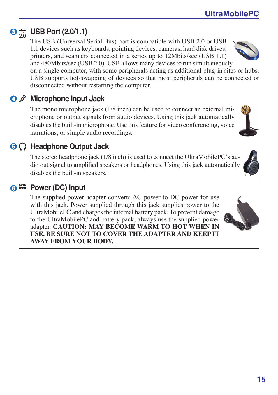 Ultramobilepc 15, Headphone output jack, Microphone input jack | Power (dc) input, Usb port (2.0/1.1) | Asus R2E User Manual | Page 15 / 66